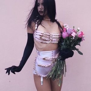 Pink leather body harness and waist clincher belt